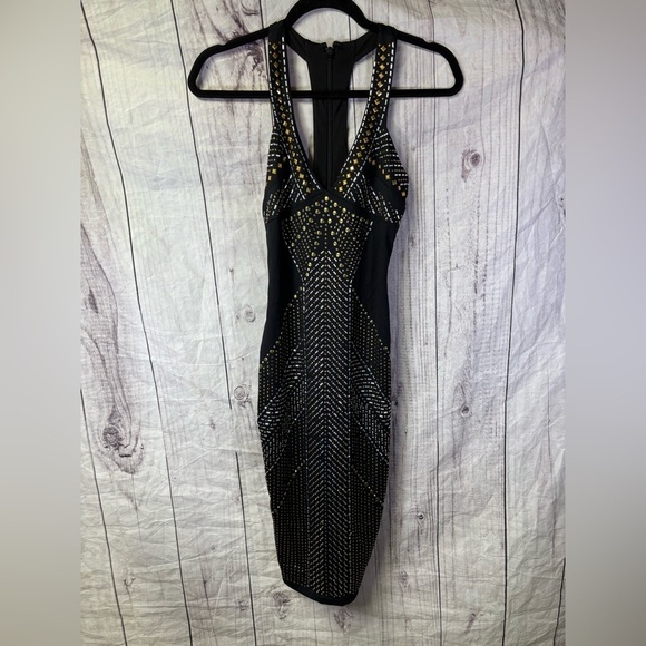 bebe Dresses & Skirts - Bebe Elegant Black beaded Studded halter Dress XS